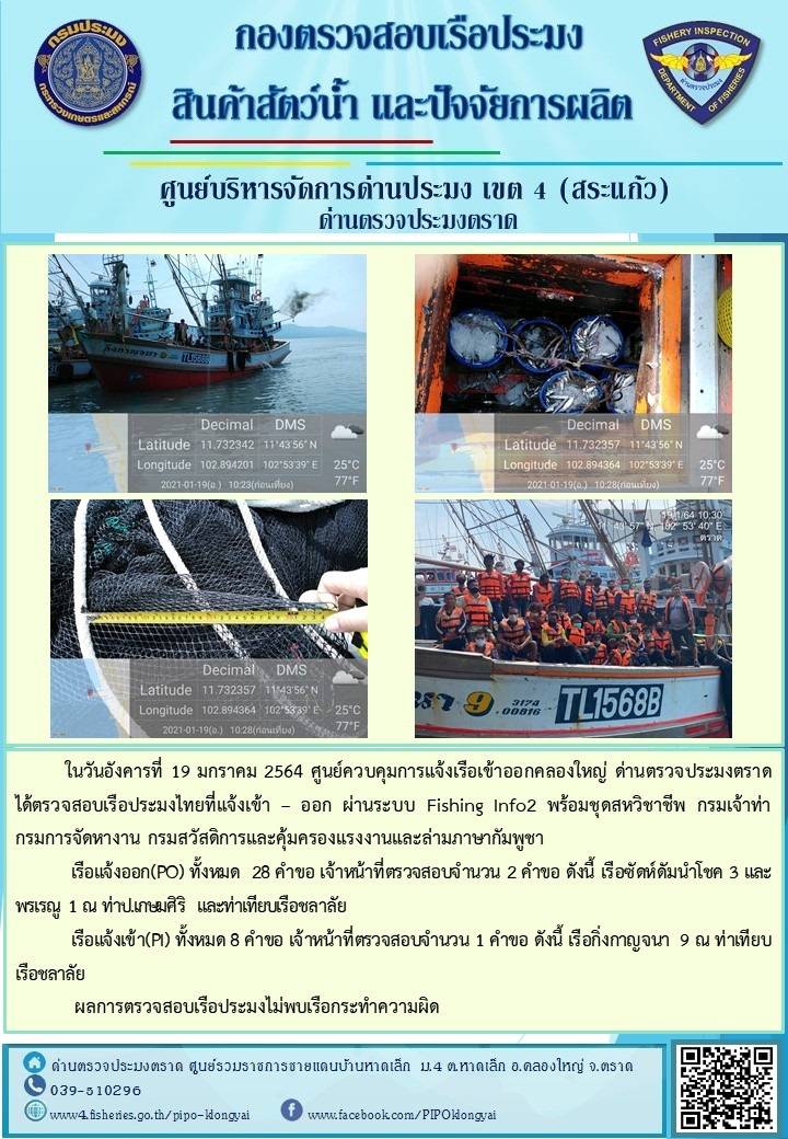วันที่ 19 มกราคม 2563 ด่านตรวจประมงตราด  ตรวจสอบการนำเข้า – ส่งออกสินค้าสัตว์น้ำ ณ จุดผ่านแดนถาวรบ้านหาดเล็ก  อำเภอคลองใหญ่ จังหวัดตราด และ ตรวจสอบเรือประมงไทย ที่แจ้งเข้า - ออกผ่านระบบ Fishing info2 ร่วมกับชุดสหวิชาชีพ กรมเจ้าท่า กรมจัดหางาน กรมสวัสดิการ และคุ้มครองแผนงาน และล่ามภาษากัมพูชา เขตพื้นที่อำเภอคลองใหญ่ อำเภอเมืองและอำเภอแหลมงอบ จังหวัดตราด..คลิก