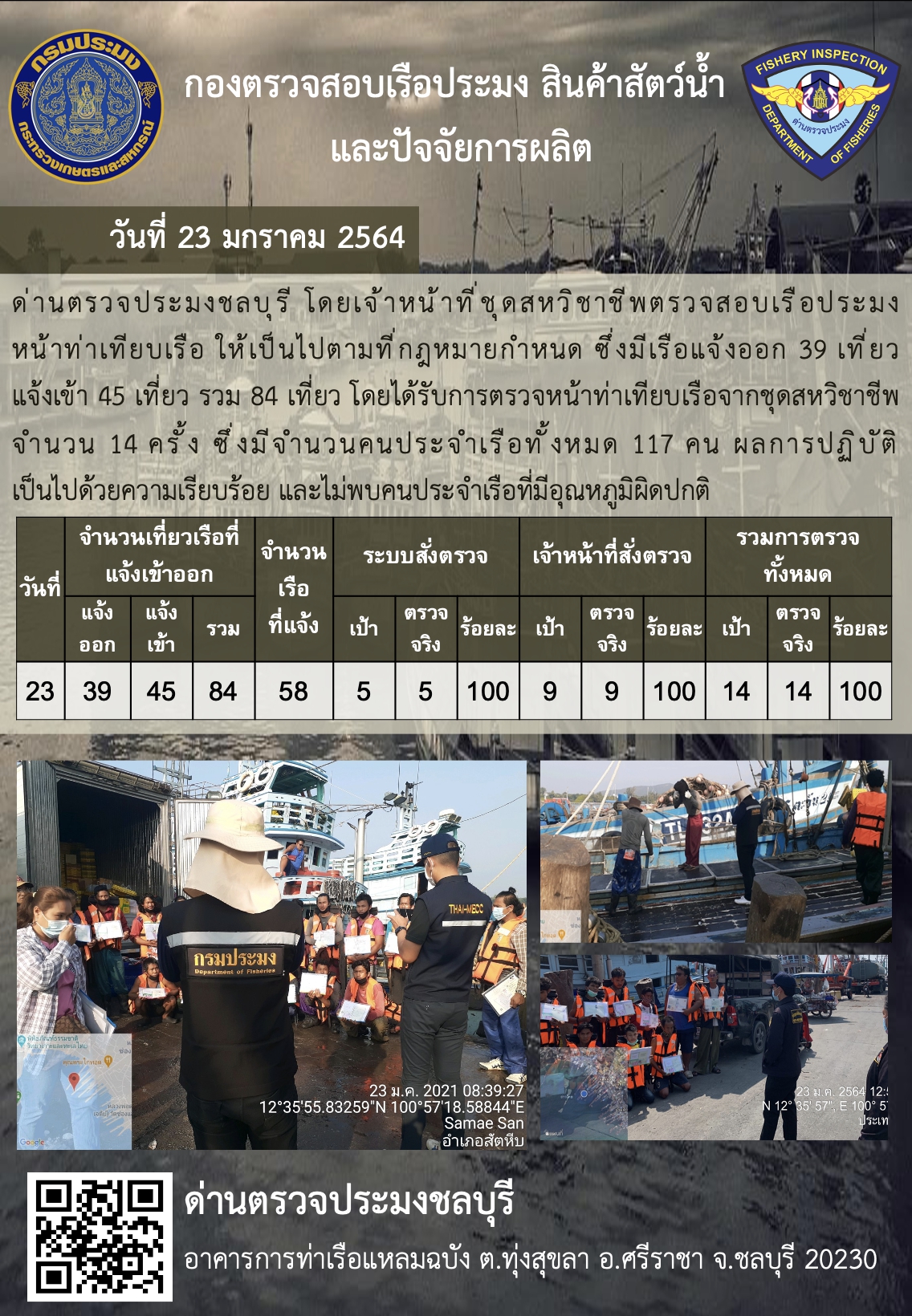 การปฏิบัติงานของเจ้าหน้าที่ด่านตรวจประมงชลบุรีประจำวันที่ 23 มกราคม 2564..คลิก