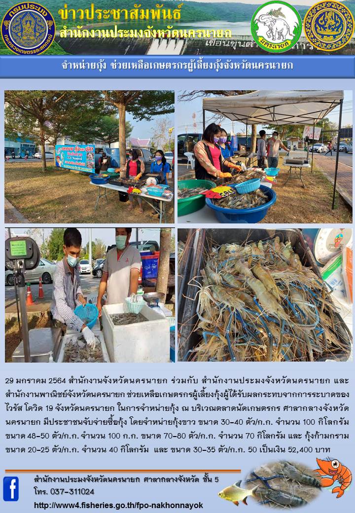 จำหน่ายกุ้ง ณ บริเวณตลาดนัดเกษตรกร ศาลากลางจังหวัดนครนายก..คลิก