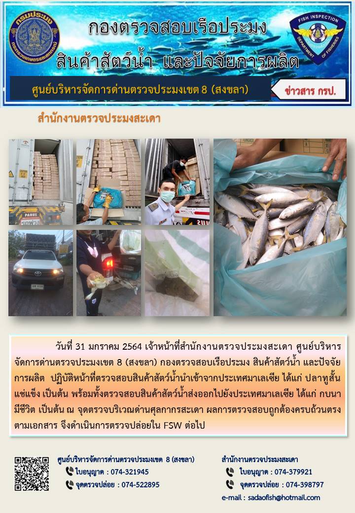 ประชาสัมพันธ์การปฏิบัติงาน ประจำวันที่ 31 มกราคม 2564 สำนักงานตรวจประมงสะเดา..คลิก