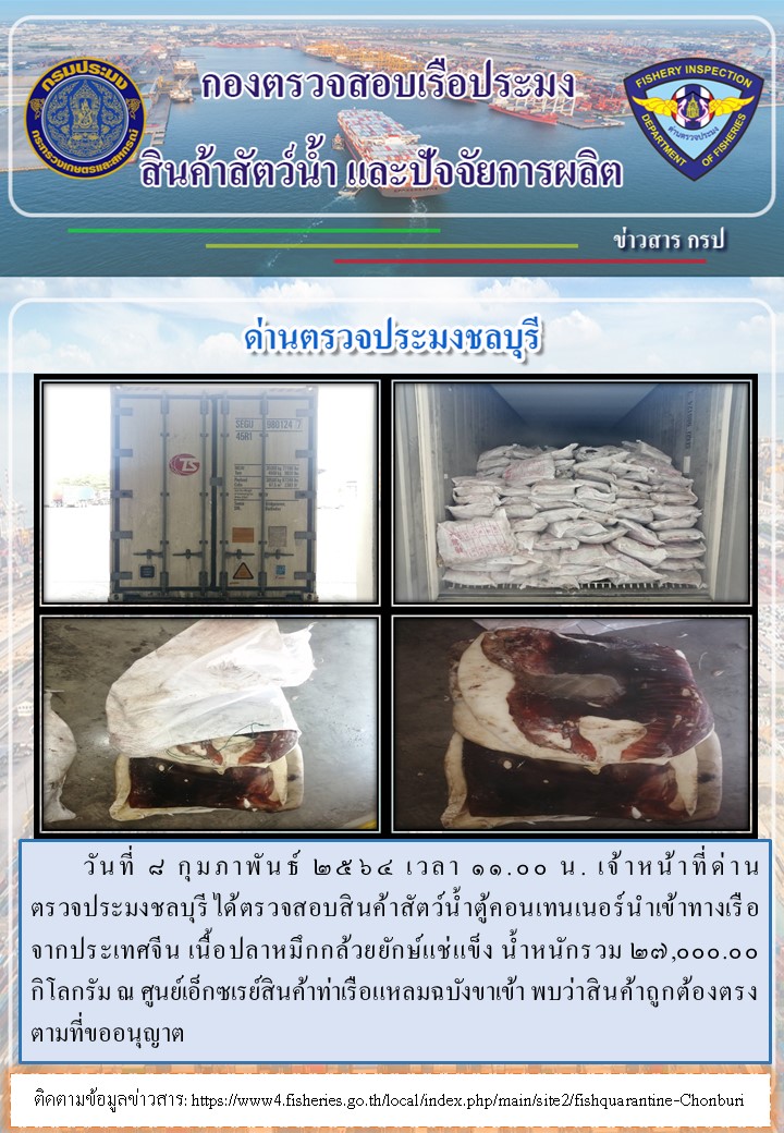 การปฏิบัติงานของเจ้าหน้าที่ด่านตรวจประมงชลบุรีประจำวันที่ 8 กุมภาพันธ์ 2564..คลิก