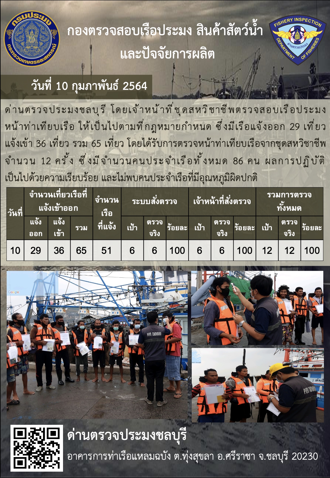 การปฏิบัติงานของเจ้าหน้าที่ด่านตรวจประมงชลบุรีประจำวันที่ 10 กุมภาพันธ์ 2564..คลิก