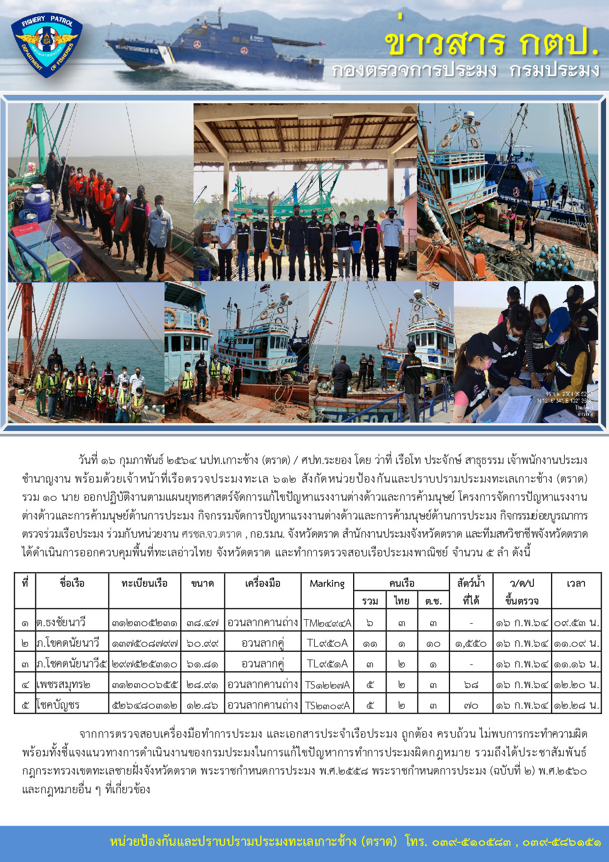 วันที่ 16 กุมภาพันธ์ 2564 กิจกรรมบูรณาการตรวจร่วมเรือประมง เรือตรวจประมงทะเล 612..คลิก