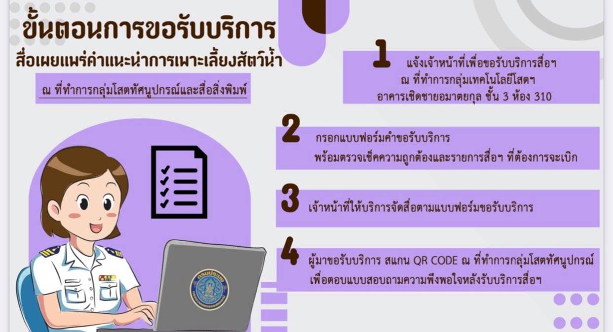 ขั้นตอนการขอรับบริการสื่อเผยแพร่คำแนะนำการเพาะเลี้ยงสัตว์น้ำ..คลิก