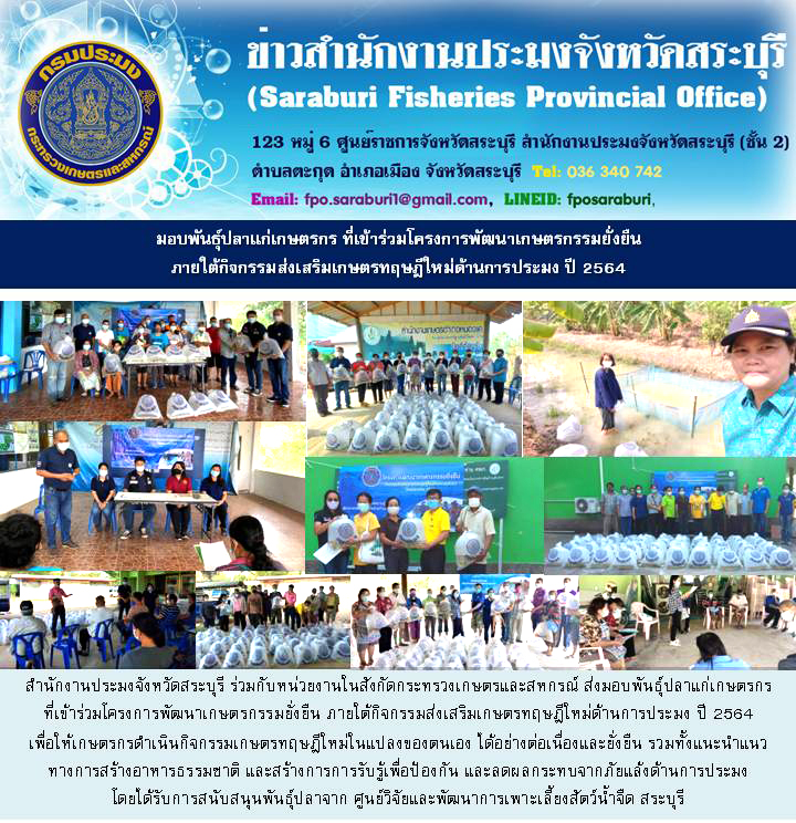 มอบพันธุ์ปลาแก่เกษตรกร ที่เข้าร่วมโครงการพัฒนาเกษตรกรรมยั่งยืน ภายใต้กิจกรรมส่งเสริมเกษตรทฤษฎีใหม่ด้านการประมง ปี 2564..คลิก