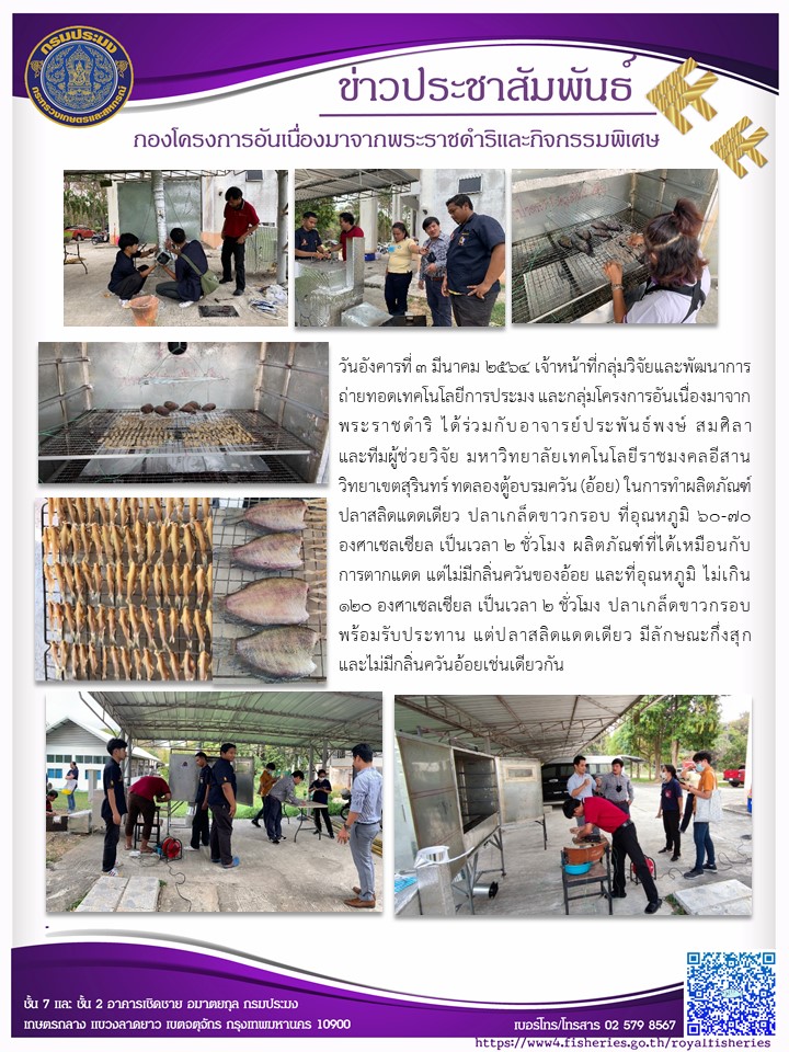 เจ้าหน้าที่กลุ่มวิจัยและพัฒนาการถ่ายทอดเทคโนโลยีการประมง และกลุ่มโครงการอันเนื่องมาจากพระราชดำริ ได้ร่วมกับอาจารย์ประพันธ์พงษ์ สมศิลา และทีมผู้ช่วยวิจัย มหาวิทยาลัยเทคโนโลยีราชมงคลอีสานวิทยาเขตสุรินทร์ ทดลองตู้อบรมควัน (อ้อย) ในการผลิตภัณฑ์ปลาสลิดแดดเดียว ปลาเกล็ดขาวกรอบ