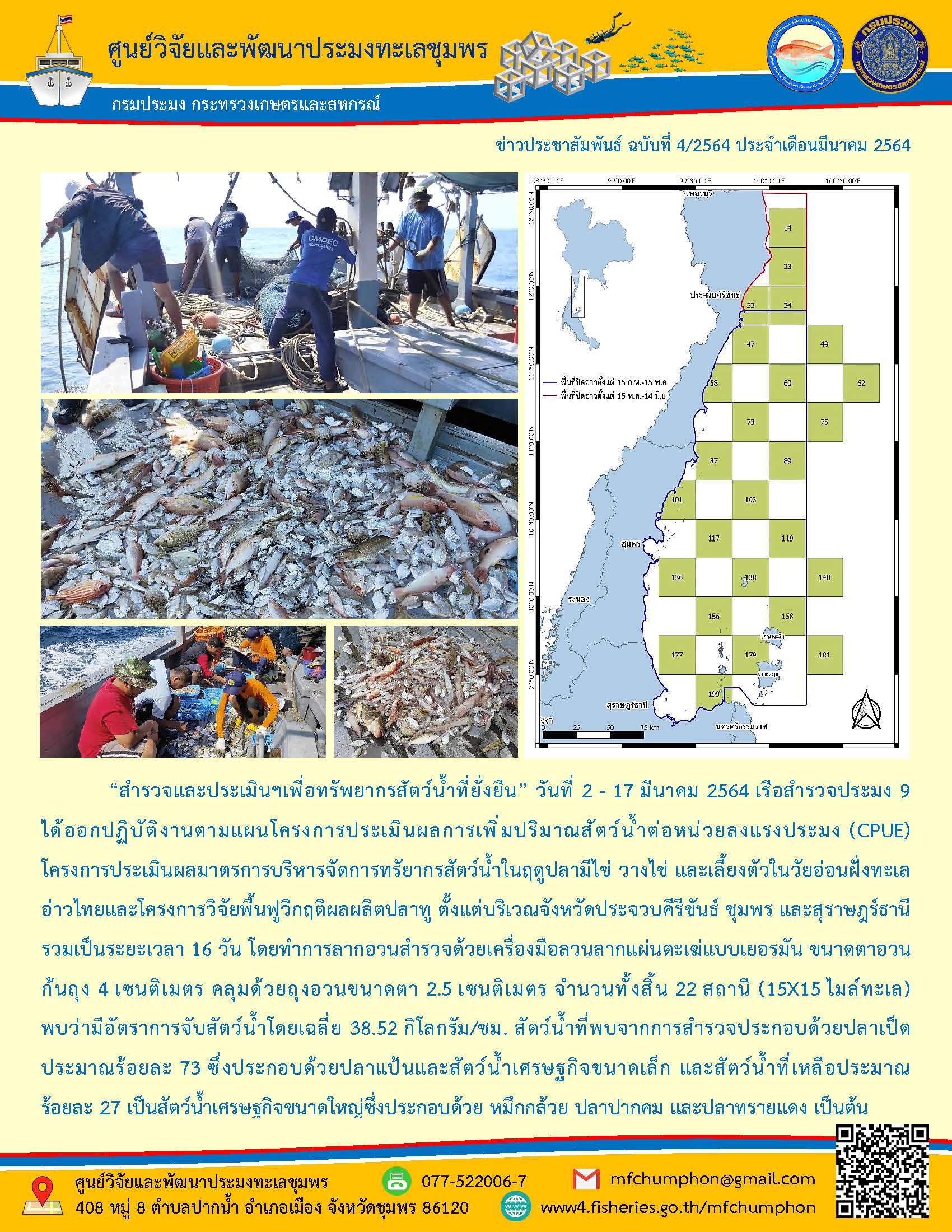 วันที่ 2 -17 มีนาคม 64 เรือสำรวจประมง 9 ได้ออกปฏิบัติงานตามแผนโครงการประเมินผลการเพิ่มปริมาณสัตว์น้ำต่อหน่วยลงแรงประมง (CPUE) โครงการประเมินผลมาตรการบริหารจัดการทรัพยากรสัตว์น้ำในฤดูปลามีไข่ วางไข่ และเลี้ยงตัวในวัยอ่อนฝั่งทะเลอ่าวไทยและโครงการวิจัยฟื้นฟูวิกฤติผลผลิตปลาทู ตั้งแต่บริเวณจังหวัดประจวบคีรีขันธ์ ชุมพร และสุราษฏร์ธานีรวมเป็นระยะเวลา 16 วัน โดยทำการลากอวนสำรวจด้วยเครื่องมืออวนลากแผ่นตะเฆ่แบบเยอรมัน ขนาดอวนก้นถุง 4 ซม.คลุมด้วยถุงอวนขนาดตา 2.5 ซม.จำนวนทั้งสิ้น 22 สถานี ฯลฯ..คลิก
