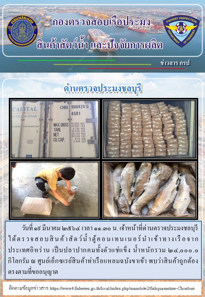 การปฏิบัติงานของเจ้าหน้าที่ด่านตรวจประมงชลบุรีประจำวันที่ 19 มีนาคม 2564..คลิก