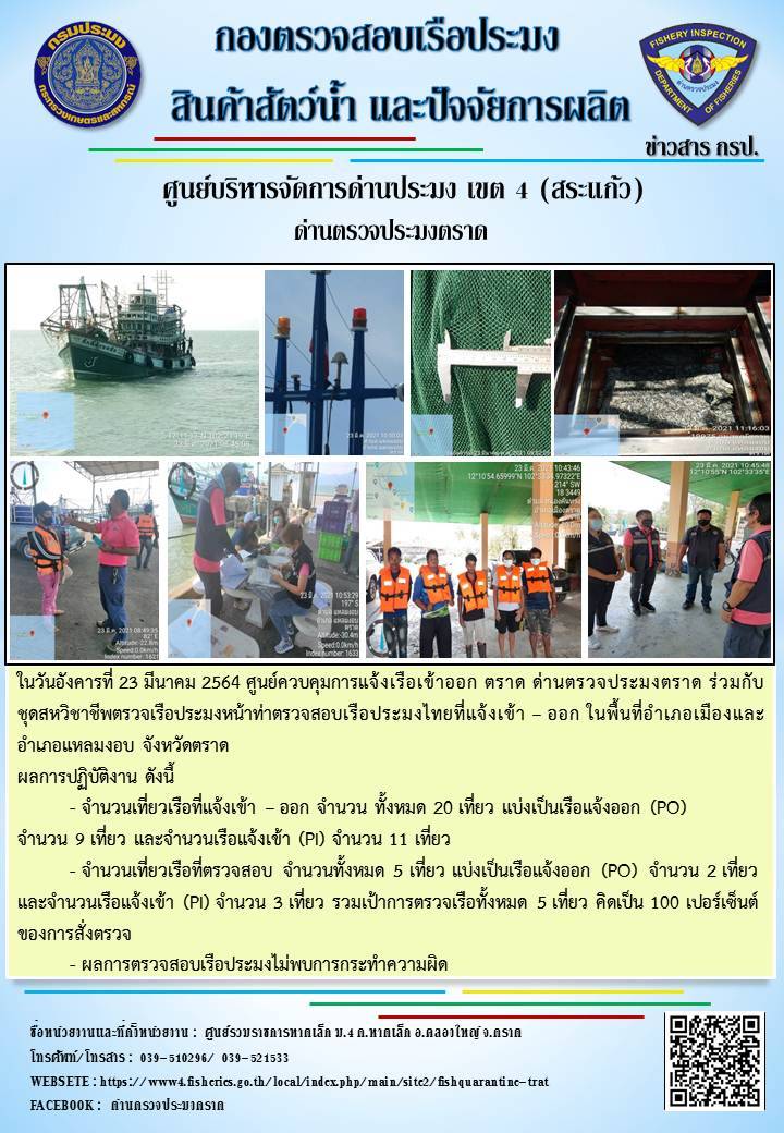 วันที่ 23 มีนาคม 2564 ด่านตรวจประมงตราด  ตรวจสอบการนำเข้า – ส่งออกสินค้าสัตว์น้ำ ณ จุดผ่านแดนถาวรบ้านหาดเล็ก อำเภอคลองใหญ่ จังหวัดตราด และ ตรวจสอบเรือประมงไทย ที่แจ้งเข้า - ออกผ่านระบบ Fishing info2 ร่วมกับชุดสหวิชาชีพ กรมเจ้าท่า กรมจัดหางาน กรมสวัสดิการ และคุ้มครองแผนงาน และล่ามภาษากัมพูชา เขตพื้นที่อำเภอคลองใหญ่ อำเภอเมืองและอำเภอแหลมงอบ จังหวัดตราด..คลิก