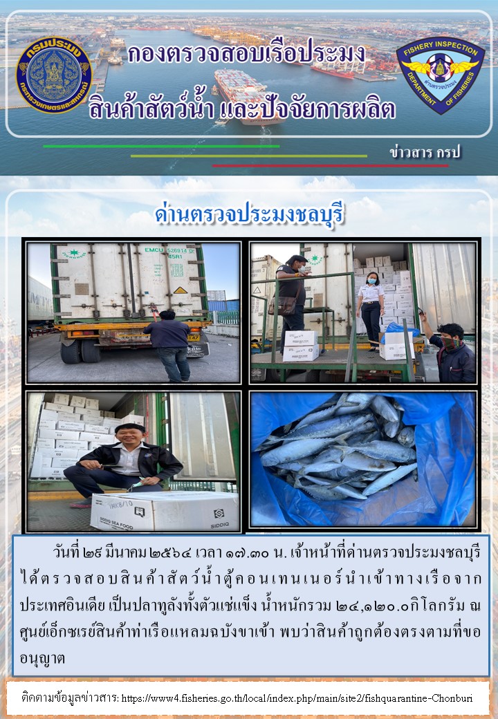 การปฏิบัติงานของเจ้าหน้าที่ด่านตรวจประมงชลบุรีประจำวันที่ 29 มีนาคม 2564..คลิก