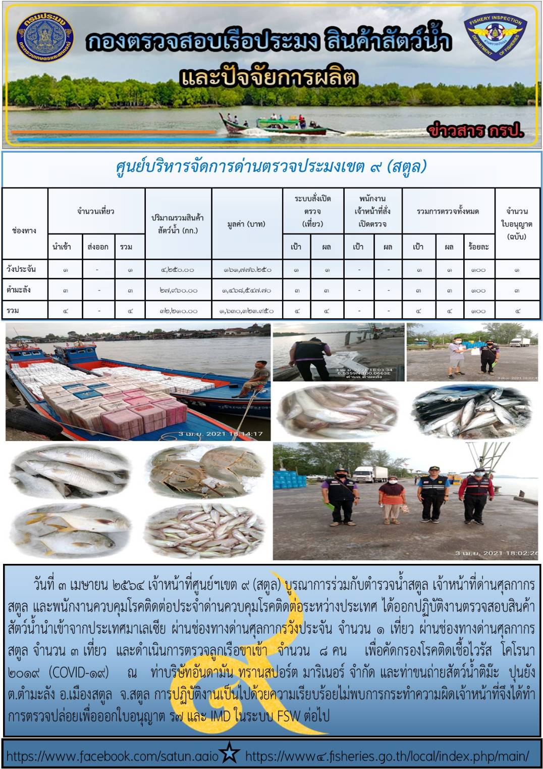 ประชาสัมพันธ์การปฏิบัติงานศูนย์บริหารจัดการด่านตรวจประมงเขต 9(สตูล) ประจำวันที่ 1-5 เมษายน 2564..คลิก