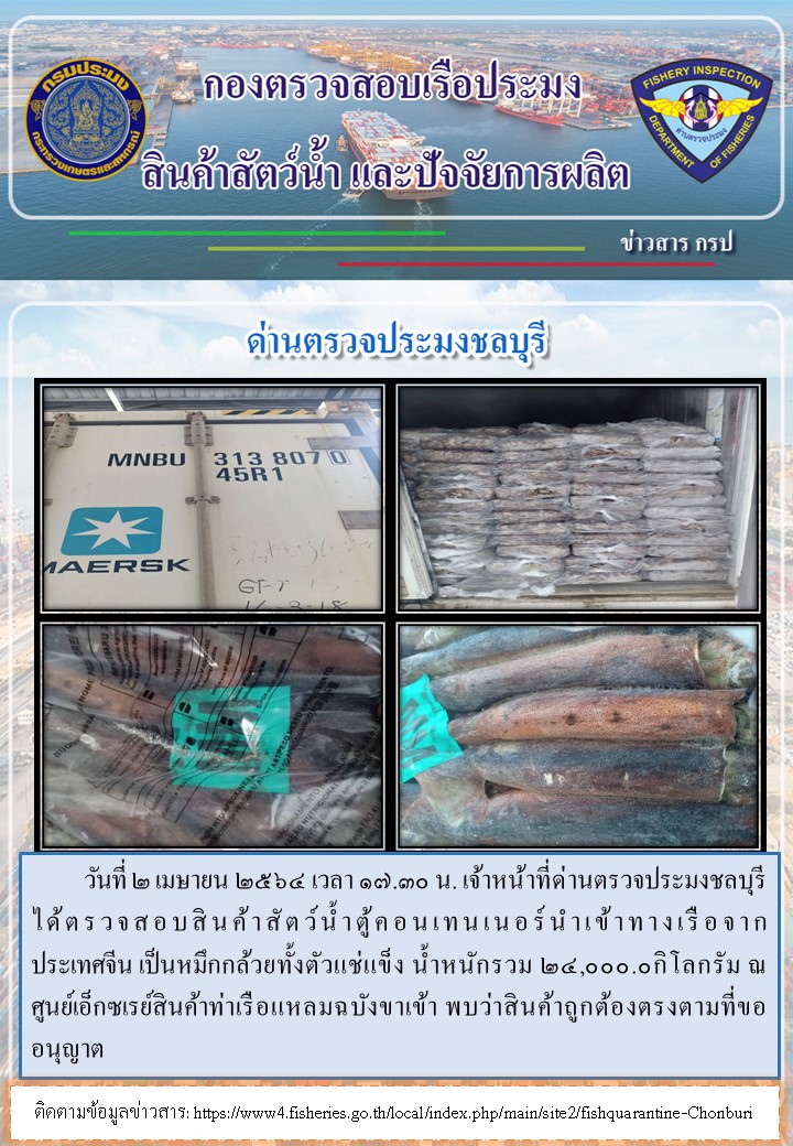 การปฏิบัติงานของเจ้าหน้าที่ด่านตรวจประมงชลบุรีประจำวันที่ 2 เมษายน 2564..คลิก