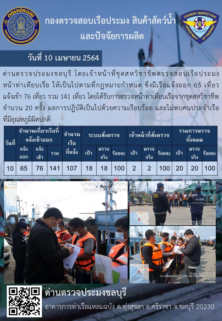 การปฏิบัติงานของเจ้าหน้าที่ด่านตรวจประมงชลบุรีประจำวันที่ 10 เมษายน 2564..คลิก