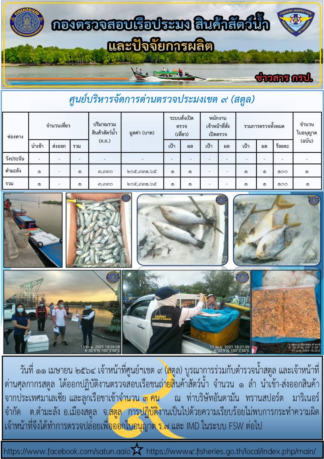 ประชาสัมพันธ์การปฏิบัติงานศูนย์บริหารจัดการด่านตรวจประมงเขต 9(สตูล) ประจำวันที่ 11-15 เมษายน 2564..คลิก