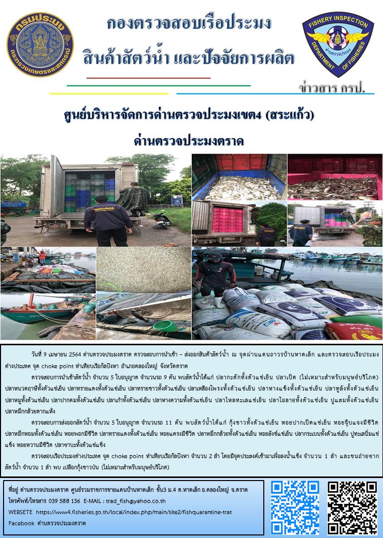 วันที่ 9 เมษายน 2564 ด่านตรวจประมงตราด  ตรวจสอบการนำเข้า – ส่งออกสินค้าสัตว์น้ำ ณ จุดผ่านแดนถาวรบ้านหาดเล็ก ตรวจสอบเรือประมงต่างประเทศ จุด choke point ท่าเทียบเรือกัลปังหา   อำเภอคลองใหญ่ จังหวัดตราด และ ตรวจสอบเรือประมงไทย ที่แจ้งเข้า - ออกผ่านระบบ Fishing info2 ร่วมกับชุดสหวิชาชีพ กรมเจ้าท่า กรมจัดหางาน กรมสวัสดิการ และคุ้มครองแผนงาน และล่ามภาษากัมพูชา เขตพื้นที่อำเภอคลองใหญ่ อำเภอเมืองและอำเภอแหลมงอบ จังหวัดตราด..คลิก