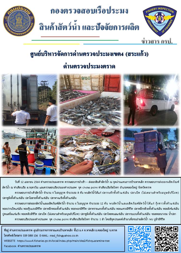 วันที่ 12 เมษายน 2564 ด่านตรวจประมงตราด  ตรวจสอบการนำเข้า – ส่งออกสินค้าสัตว์น้ำ ณ จุดผ่านแดนถาวรบ้านหาดเล็ก ตรวจสอบการส่งออกผลิตภัณฑ์สัตว์น้ำ ณ ท่าเทียบเรือ ส.กฤตรวัณ ตรวจสอบเรือประมงต่างประเทศ จุด choke point ท่าเทียบเรือกัลปังหา อำเภอคลองใหญ่ จังหวัดตราด และ ตรวจสอบเรือประมงไทย ที่แจ้งเข้า - ออกผ่านระบบ Fishing info2 ร่วมกับชุดสหวิชาชีพ กรมเจ้าท่า กรมจัดหางาน กรมสวัสดิการ และคุ้มครองแผนงาน และล่ามภาษากัมพูชา เขตพื้นที่อำเภอคลองใหญ่ อำเภอเมืองและอำเภอแหลมงอบ จังหวัดตราด..คลิก
