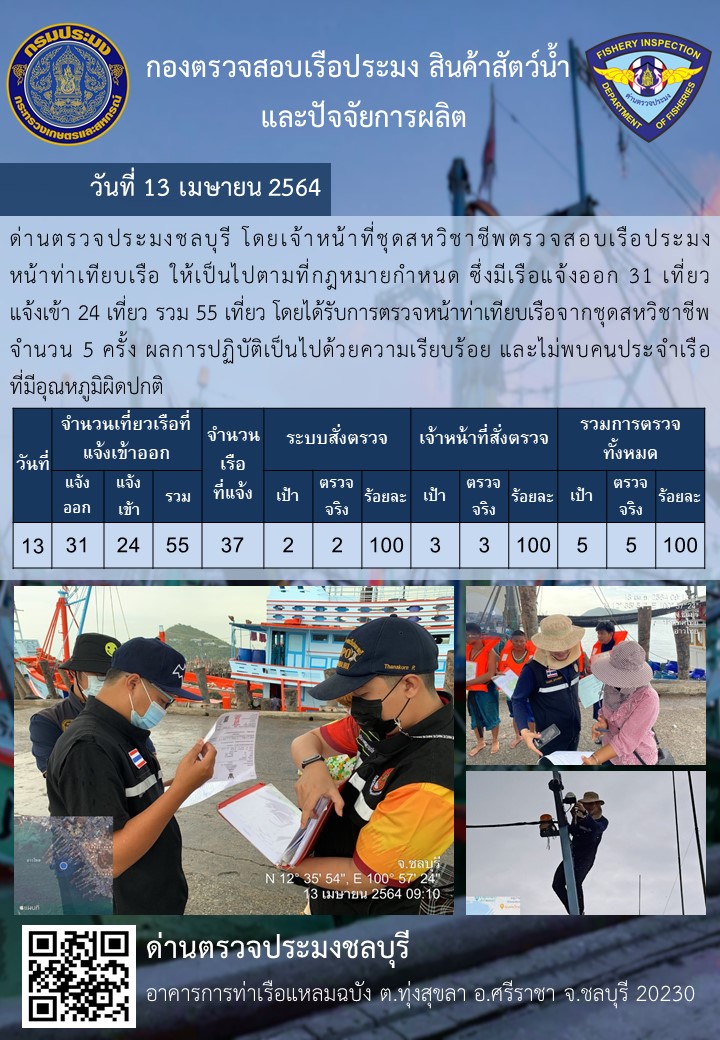 การปฏิบัติงานของเจ้าหน้าที่ด่านตรวจประมงชลบุรีประจำวันที่ 13 เมษายน 2564..คลิก