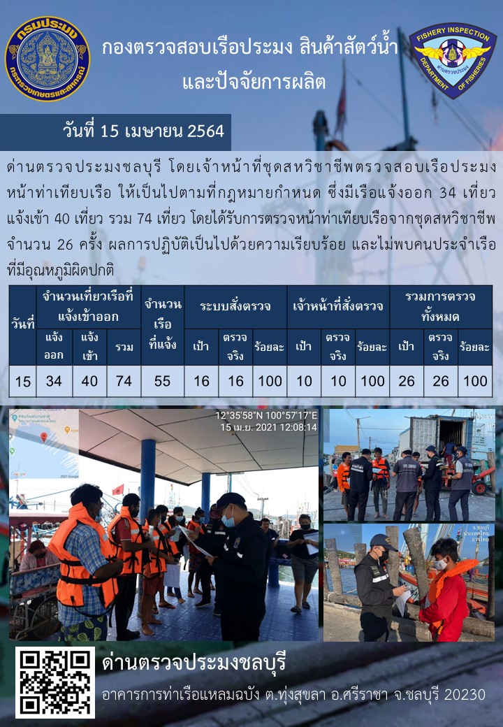 การปฏิบัติงานของเจ้าหน้าที่ด่านตรวจประมงชลบุรีประจำวันที่ 15 เมษายน 2564..คลิก