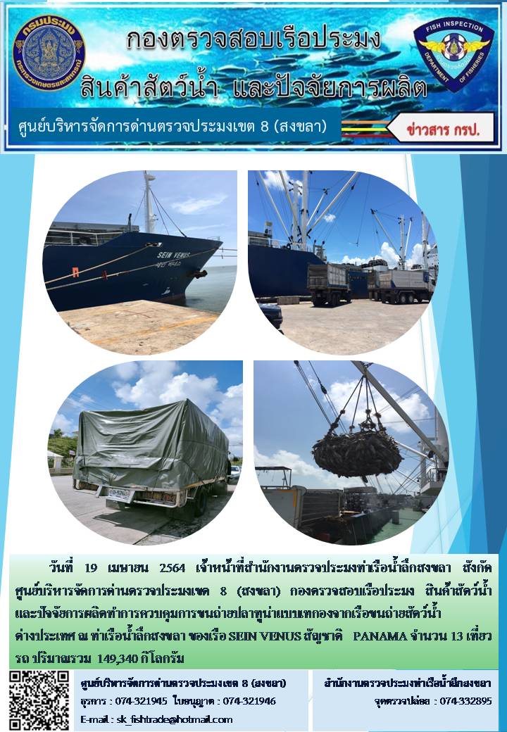 วันที่ 19 เมษายน 2564 เจ้าหน้าที่สำนักงานตรวจประมงท่าเรือน้ำลึกสงขลา สังกัด           ศูนย์บริหารจัดการด่านตรวจประมงเขต 8 (สงขลา) กองตรวจสอบเรือประมง สินค้าสัตว์น้ำ     และปัจจัยการผลิตทำการควบคุมการขนถ่ายปลาทูน่าแบบเทกองจากเรือขนถ่ายสัตว์น้ำต่างประเทศ ณ ท่าเรือน้ำลึกสงขลา ของเรือ SEIN VENUS สัญชาติ 	PANAMA..คลิก