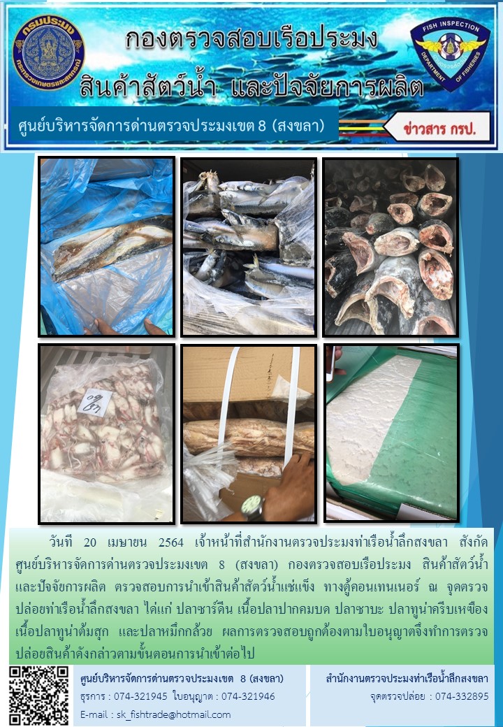 วันที 20 เมษายน 2564 เจ้าหน้าที่สำนักงานตรวจประมงท่าเรือน้ำลึกสงขลา สังกัด           ศูนย์บริหารจัดการด่านตรวจประมงเขต 8 (สงขลา) กองตรวจสอบเรือประมง สินค้าสัตว์น้ำ     และปัจจัยการผลิต ตรวจสอบการนำเข้าสินค้าสัตว์น้ำแช่แข็ง ทางตู้คอนเทนเนอร์ ณ จุดตรวจปล่อยท่าเรือน้ำลึกสงขลา..คลิก
