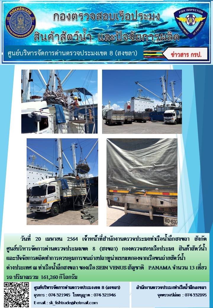 วันที่ 20 เมษายน 2564 เจ้าหน้าที่สำนักงานตรวจประมงท่าเรือน้ำลึกสงขลา สังกัด           ศูนย์บริหารจัดการด่านตรวจประมงเขต 8 (สงขลา) กองตรวจสอบเรือประมง สินค้าสัตว์น้ำ     และปัจจัยการผลิตทำการควบคุมการขนถ่ายปลาทูน่าแบบเทกองจากเรือขนถ่ายสัตว์น้ำต่างประเทศ ณ ท่าเรือน้ำลึกสงขลา ของเรือ SEIN VENUS สัญชาติ 	PANAMA..คลิก