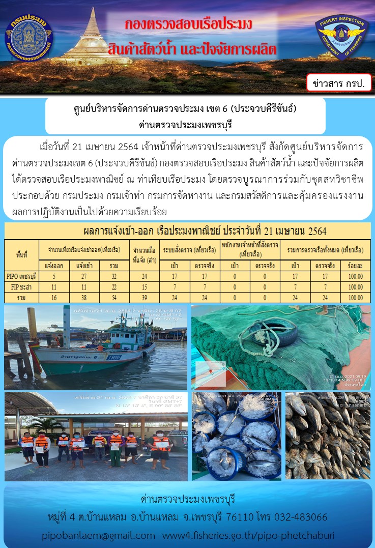 ข่าวประชาสัมพันธ์ ด่านตรวจประมงเพชรบุรี เรือที่แจ้งเข้า - ออก ประจำวัน วันที่ 21 เม.ย.2564..คลิก