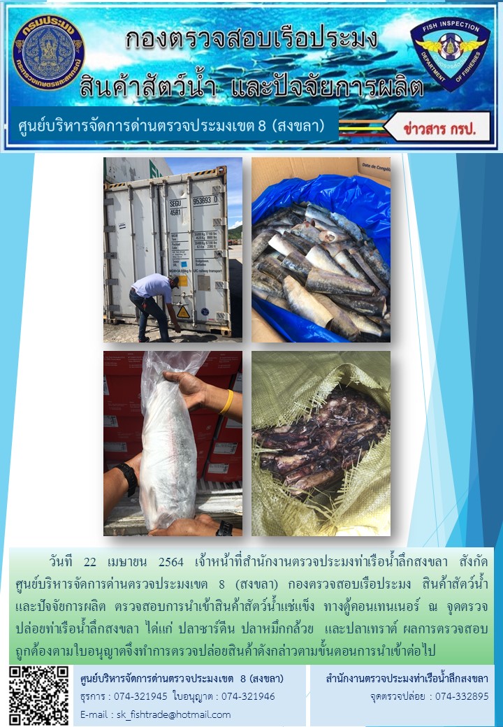 วันที 22 เมษายน 2564 เจ้าหน้าที่สำนักงานตรวจประมงท่าเรือน้ำลึกสงขลา สังกัด           ศูนย์บริหารจัดการด่านตรวจประมงเขต 8 (สงขลา) กองตรวจสอบเรือประมง สินค้าสัตว์น้ำ     และปัจจัยการผลิต ตรวจสอบการนำเข้าสินค้าสัตว์น้ำแช่แข็ง ทางตู้คอนเทนเนอร์ ณ จุดตรวจปล่อยท่าเรือน้ำลึกสงขลา..คลิก