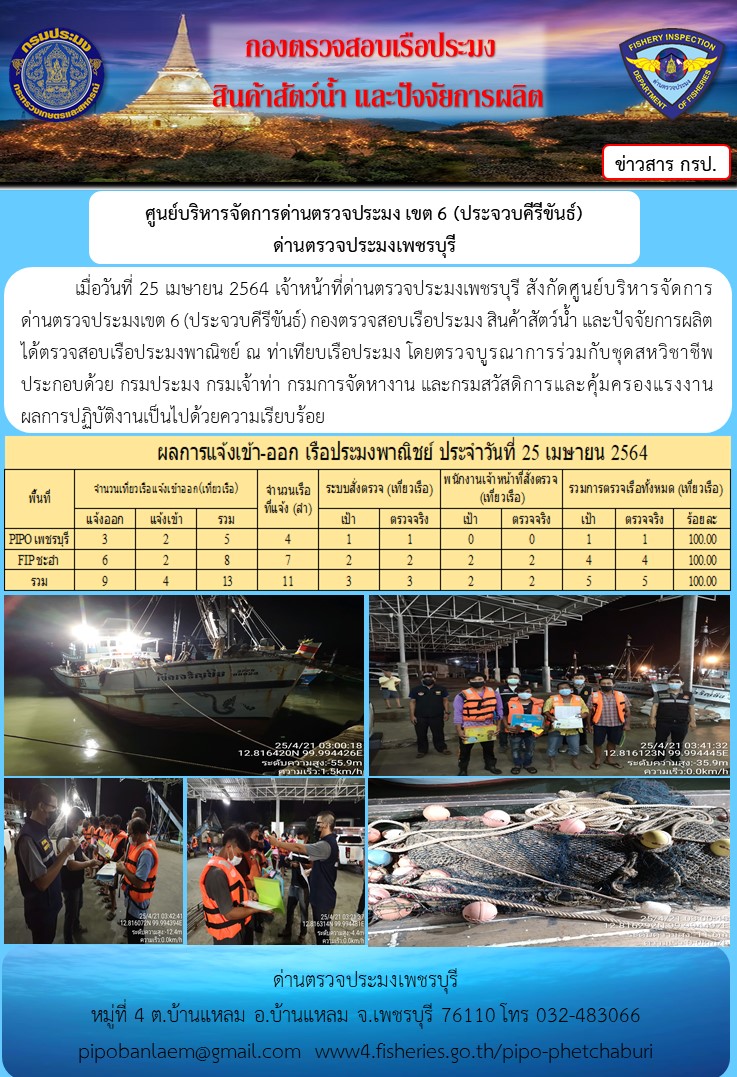 ข่าวประชาสัมพันธ์ ด่านตรวจประมงเพชรบุรี เรือที่แจ้งเข้า - ออก ประจำวันที่ 25 เม.ย.2564 .....คลิก