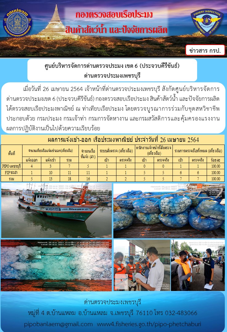 ข่าวประชาสัมพันธ์ ด่านตรวจประมงเพชรบุรี สถิติเรือที่แจ้งเข้า - ออก ประจำวันที่ 26 เม.ย.2564 .....คลิก