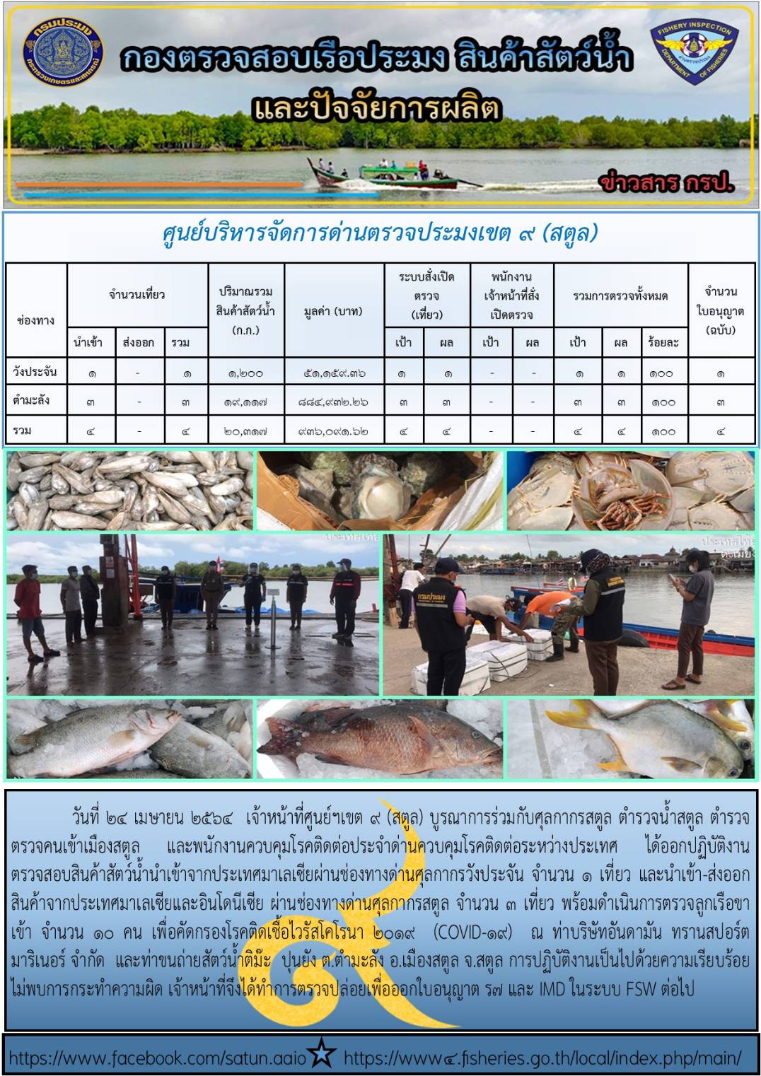 ประชาสัมพันธ์การปฏิบัติงานศูนย์บริหารจัดการด่านตรวจประมงเขต 9(สตูล) ประจำวันที่ 21-25 เมษายน 2564..คลิก