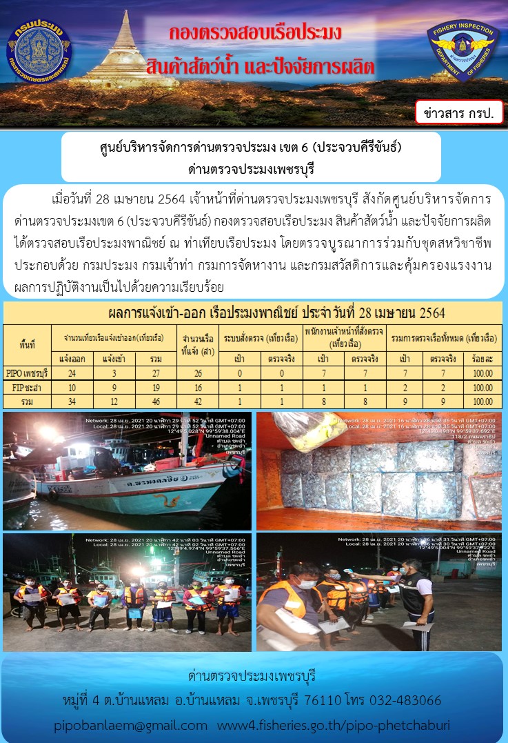 ข่าวประชาสัมพันธ์ ด่านตรวจประมงเพชรบุรี สถิติเรือที่แจ้งเข้า - ออก ประจำวันที่ 28 เม.ย.2564..คลิก