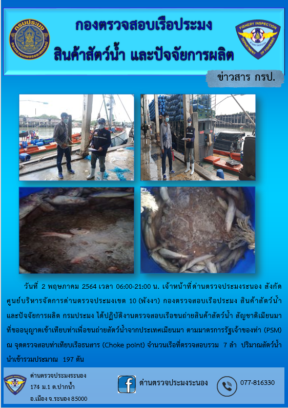 รายงานผลการตรวจเรือขนถ่ายสัตว์น้ำจากประเทศเมียนมาร์..คลิก