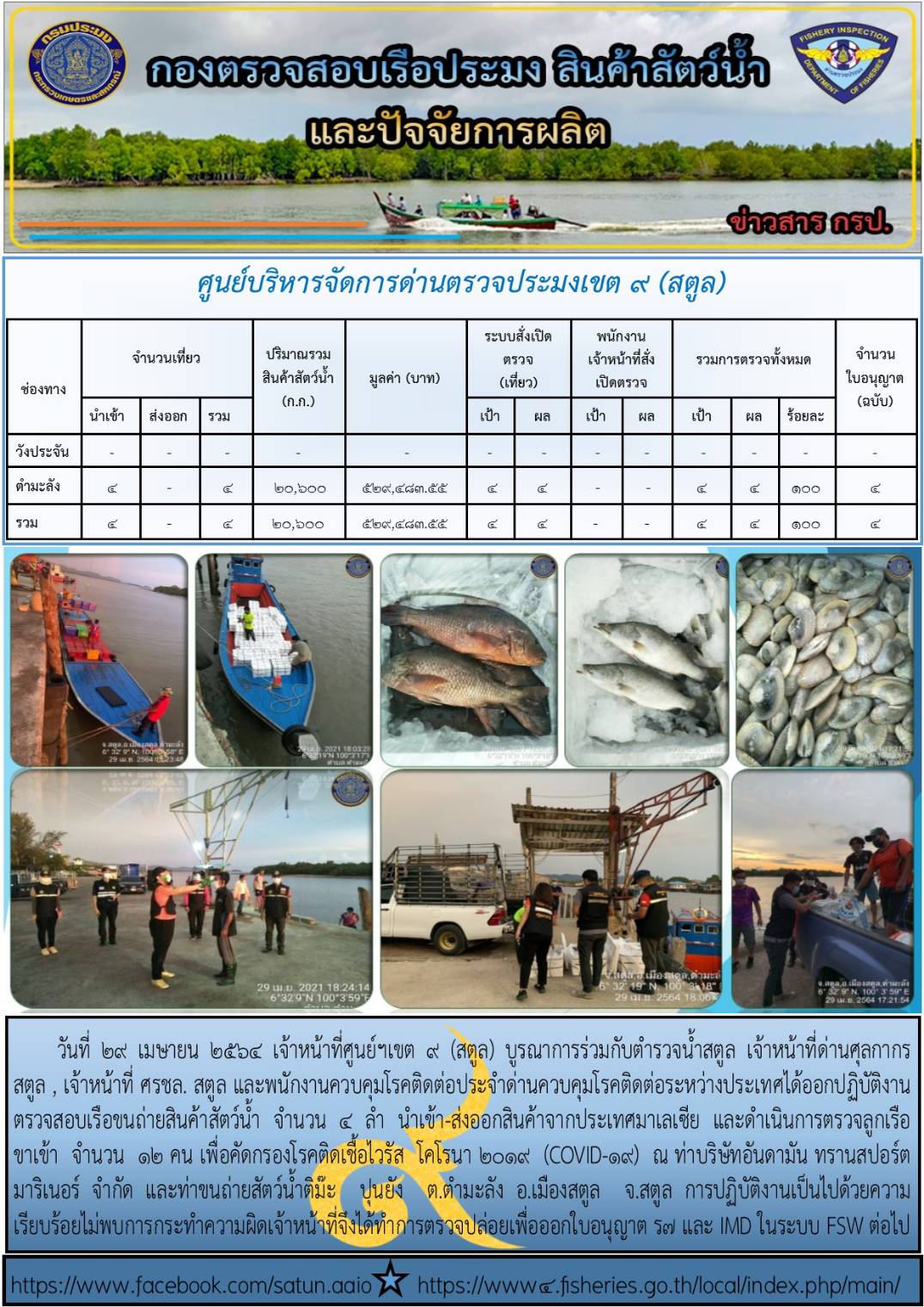 ประชาสัมพันธ์การปฏิบัติงานศูนย์บริหารจัดการด่านตรวจประมงเขต 9(สตูล) ประจำวันที่ 25-30 เมษายน 2564..คลิก