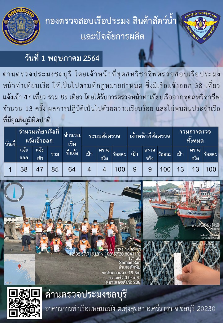 การปฏิบัติงานของเจ้าหน้าที่ด่านตรวจประมงชลบุรีประจำวันที่ 1 พฤษภาคม 2564..คลิก