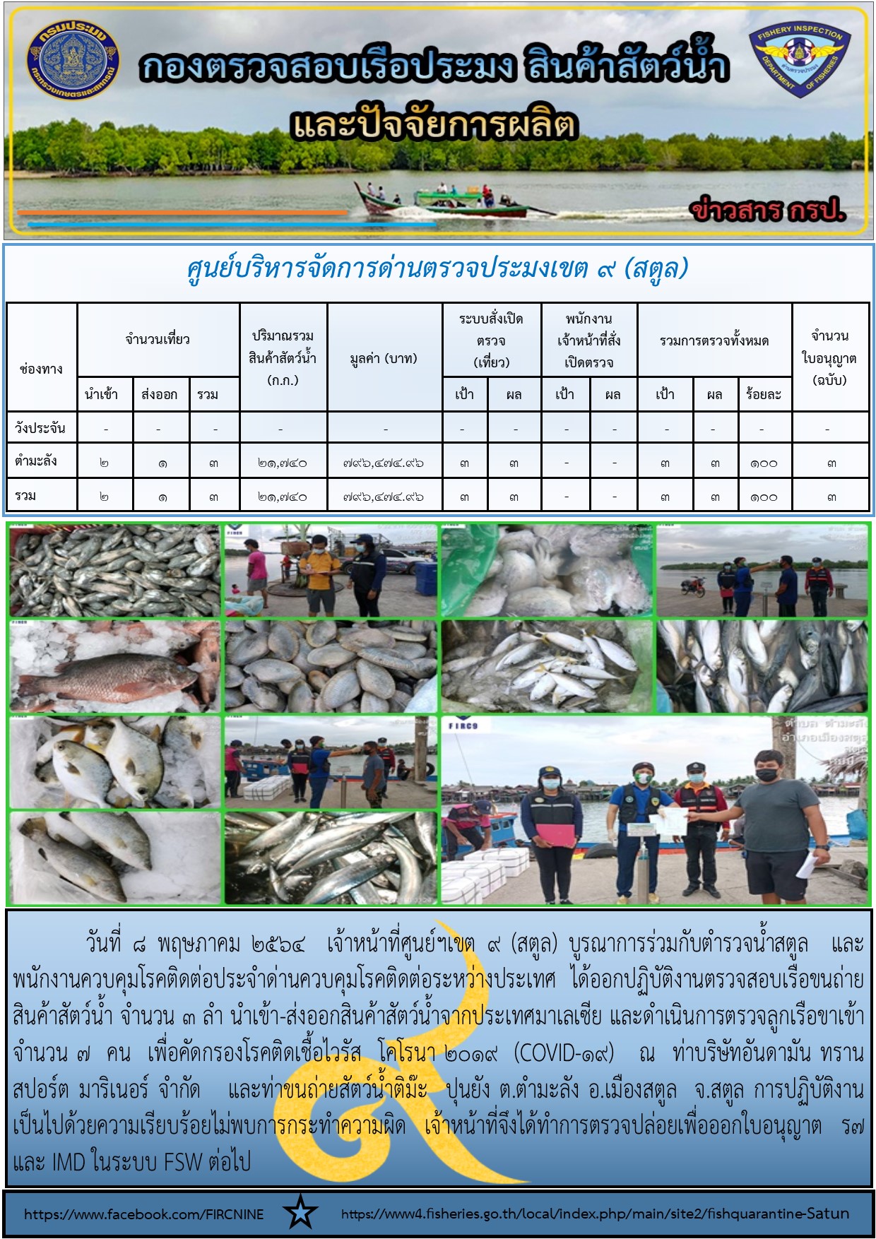 ประชาสัมพันธ์การปฏิบัติงานศูนย์บริหารจัดการด่านตรวจประมงเขต 9(สตูล) ประจำวันที่ 6-10 พฤษภาคม 2564..คลิก
