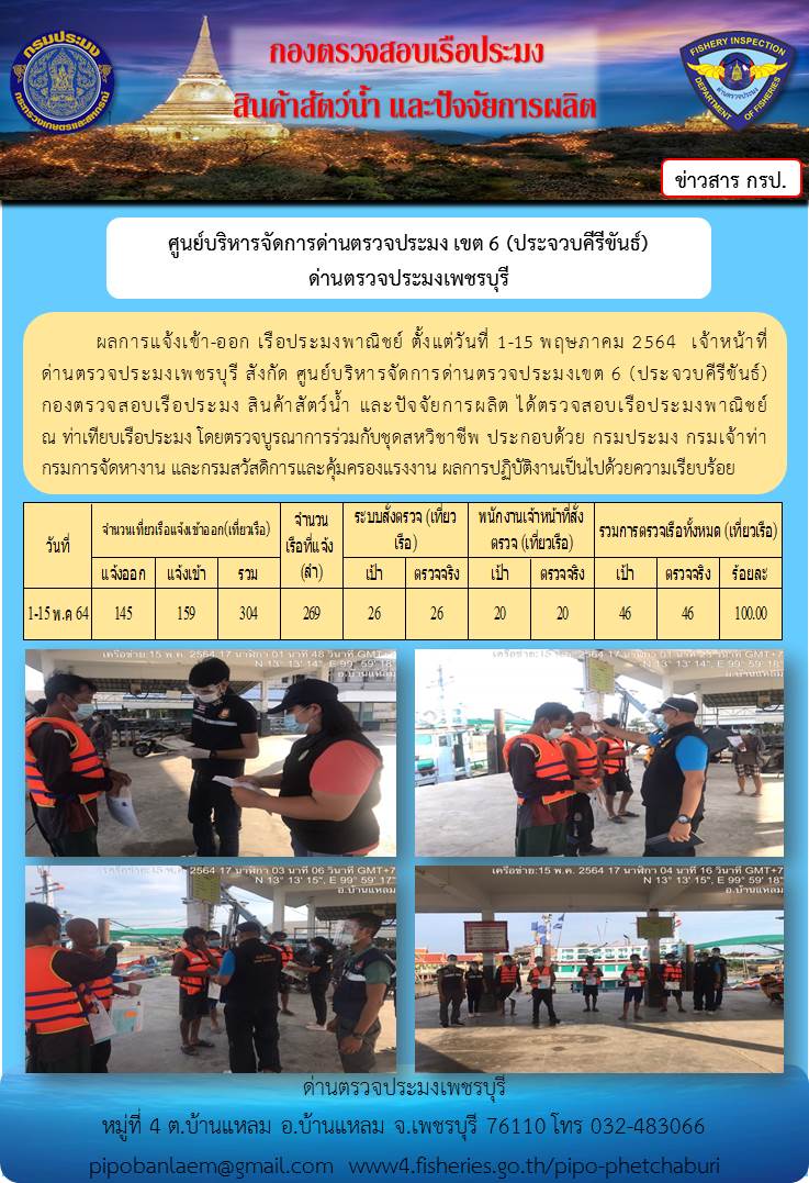 ข่าวประชาสัมพันธ์ ด่านตรวจประมงเพชรบุรี สถิติเรือประมงที่แจ้งเข้า - ออก ตั้งแต่วันที่ 1-15 พฤษภาคม 2564..คลิก