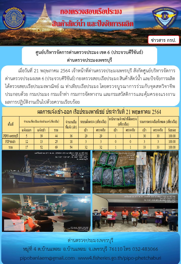 ข่าวประชาสัมพันธ์ ด่านตรวจประมงเพชรบุรี สถิติเรือที่แจ้งเข้า - ออก ประจำวันที่ 21 พ.ค. 2564..คลิก