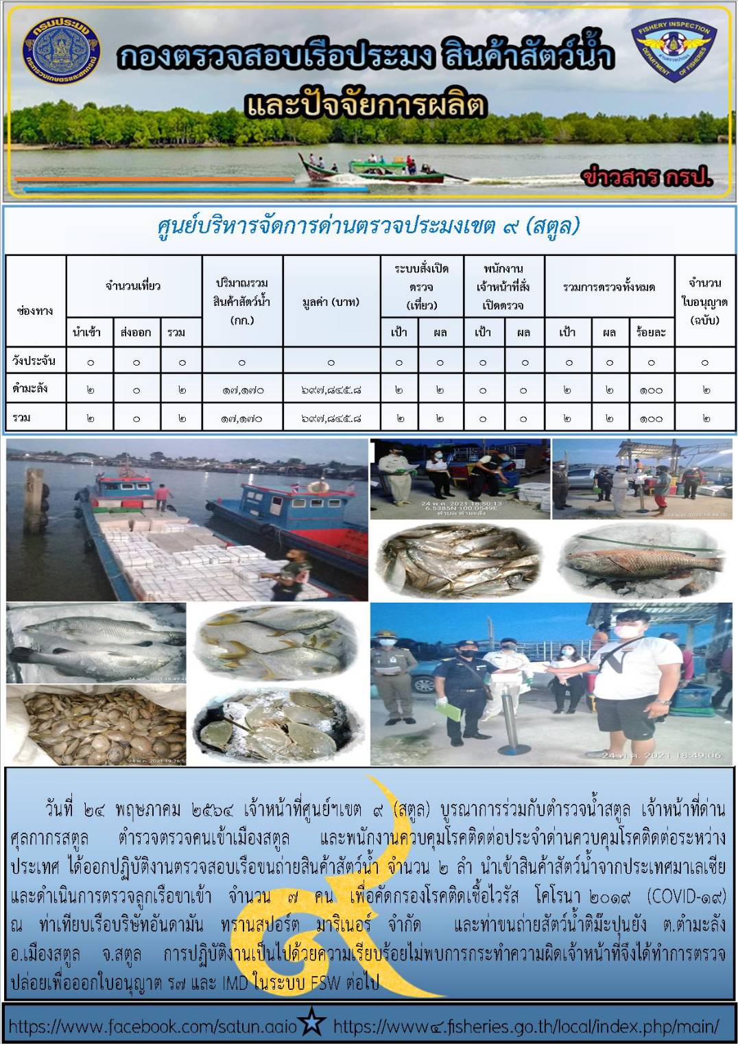 ประชาสัมพันธ์การปฏิบัติงานศูนย์บริหารจัดการด่านตรวจประมงเขต 9(สตูล) ประจำวันที่ 21-25 พฤษภาคม 2564..คลิก