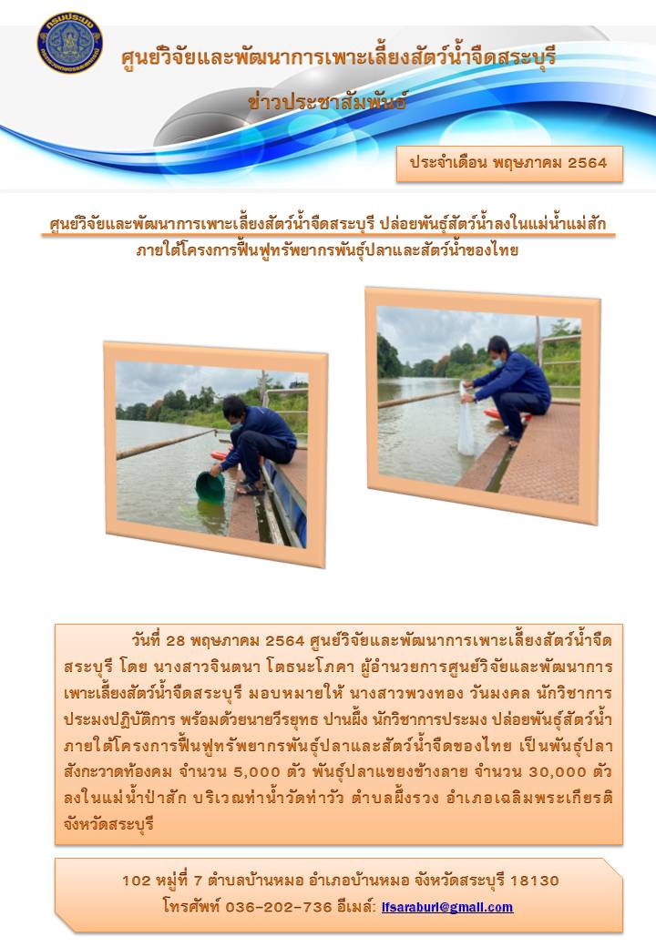 ศูนย์วิจัยและพัฒนาการเพาะเลี้ยงสัตว์น้ำจืดสระบุรี ปล่อยพันธุ์สัตว์น้ำลงในแม่น้ำแม่สัก ภายใต้โครงการฟื้นฟูทรัพยากรพันธุ์ปลาและสัตว์น้ำของไทย..คลิก