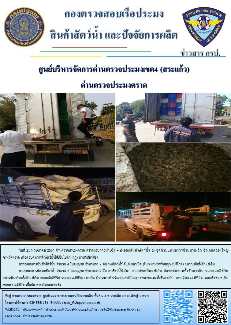 วันที่ 21 พฤษภาคม 2564 ด่านตรวจประมงตราด  ตรวจสอบการนำเข้า – ส่งออกสินค้าสัตว์น้ำณ จุดผ่านแดนถาวรบ้านหาดเล็ก อำเภอคลองใหญ่ จังหวัดตราด และ ตรวจสอบเรือประมงไทย ที่แจ้งเข้า - ออกผ่านระบบ Fishing info2 ร่วมกับชุดสหวิชาชีพ กรมเจ้าท่า กรมจัดหางาน กรมสวัสดิการ และคุ้มครองแผนงาน และล่ามภาษากัมพูชา เขตพื้นที่อำเภอคลองใหญ่ อำเภอเมืองและอำเภอแหลมงอบ จังหวัดตราด..คลิก