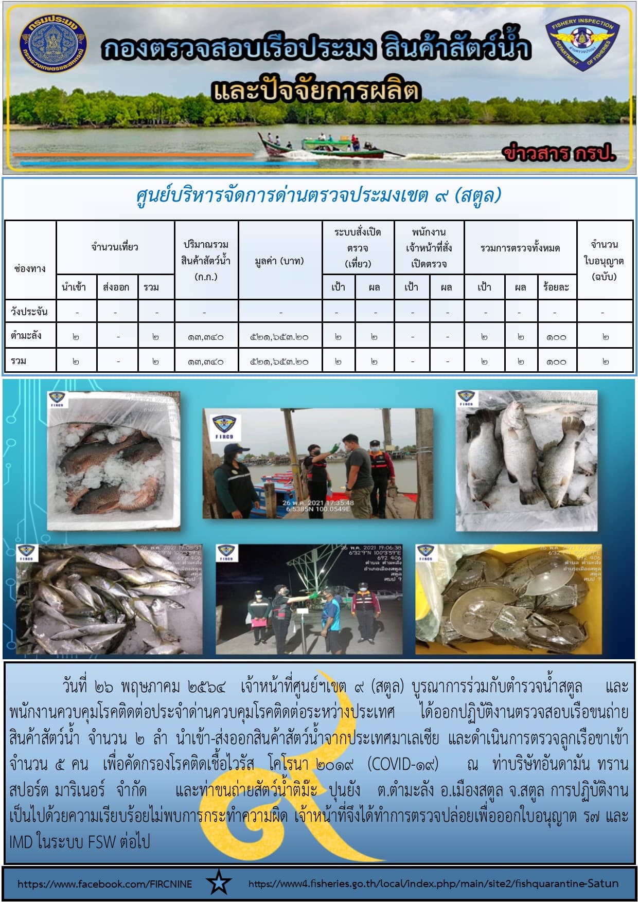 ประชาสัมพันธ์การปฏิบัติงานศูนย์บริหารจัดการด่านตรวจประมงเขต 9(สตูล) ประจำวันที่ 26-31 พฤษภาคม 2564..คลิก