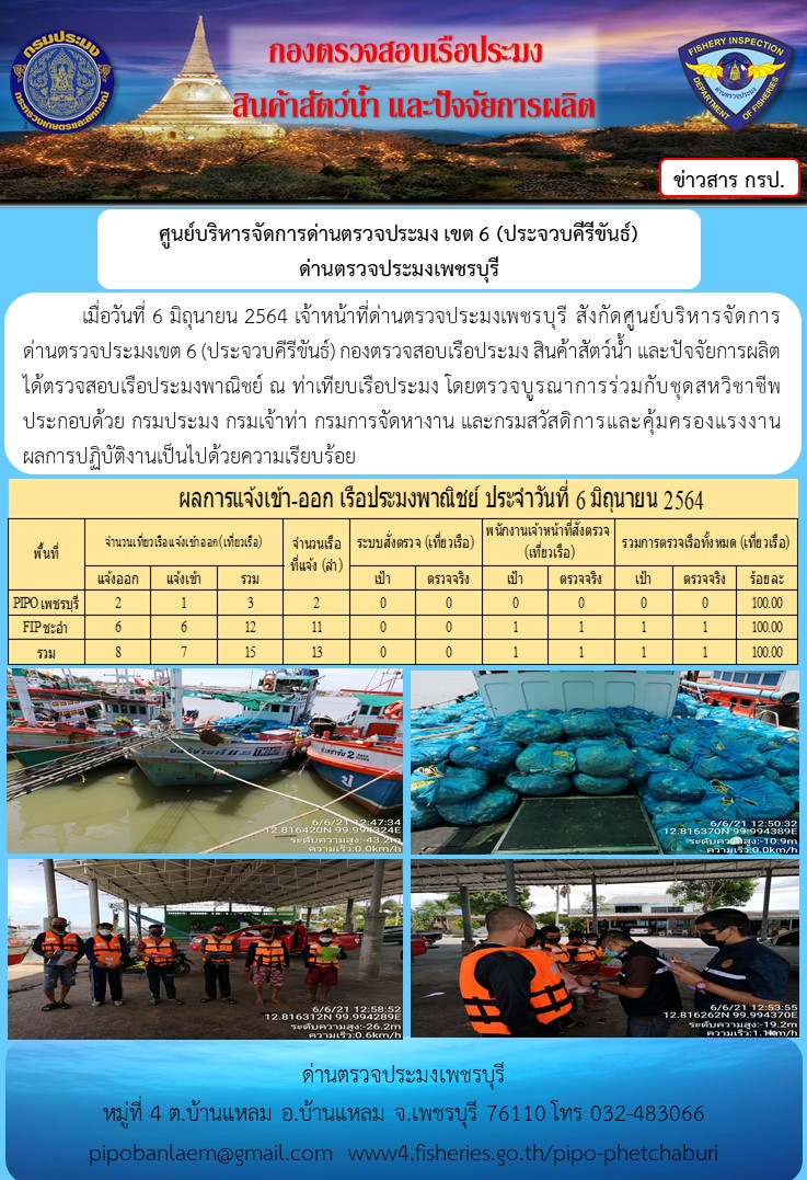  ข่าวประชาสัมพันธ์ ด่านตรวจประมงเพชรบุรี สถิติเรือที่แจ้งเข้า - ออก ประจำวันที่ 6 มิ.ย. 2564..คลิก