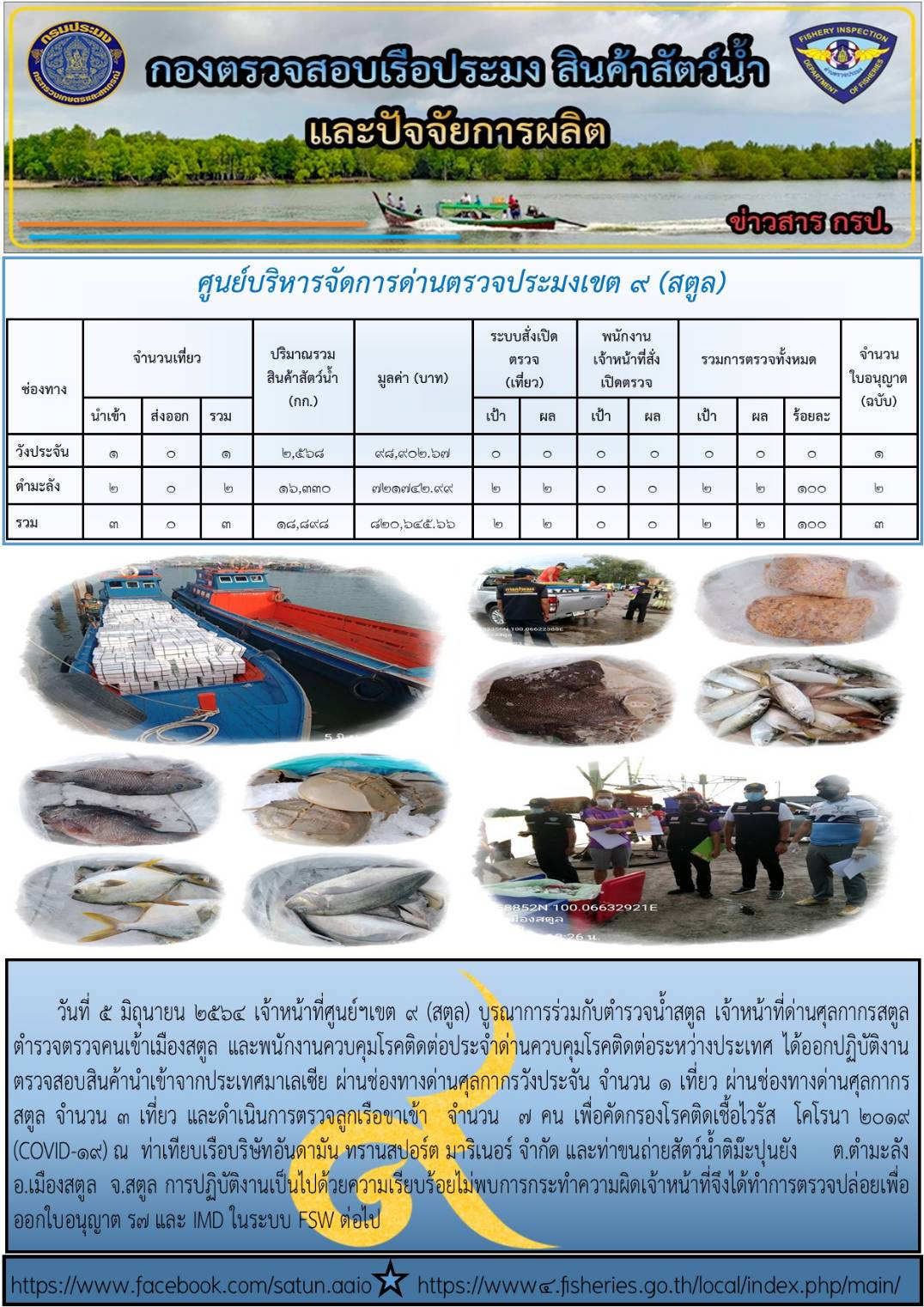 ประชาสัมพันธ์การปฏิบัติงานศูนย์บริหารจัดการด่านตรวจประมงเขต 9(สตูล) ประจำวันที่ 1-5 มิถุนายน 2564..คลิก