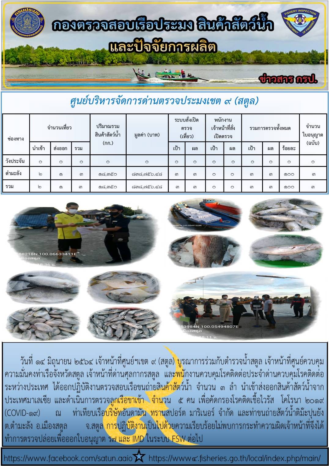 ประชาสัมพันธ์การปฏิบัติงานศูนย์บริหารจัดการด่านตรวจประมงเขต 9(สตูล) ประจำวันที่ 11-15 มิถุนายน 2564..คลิก