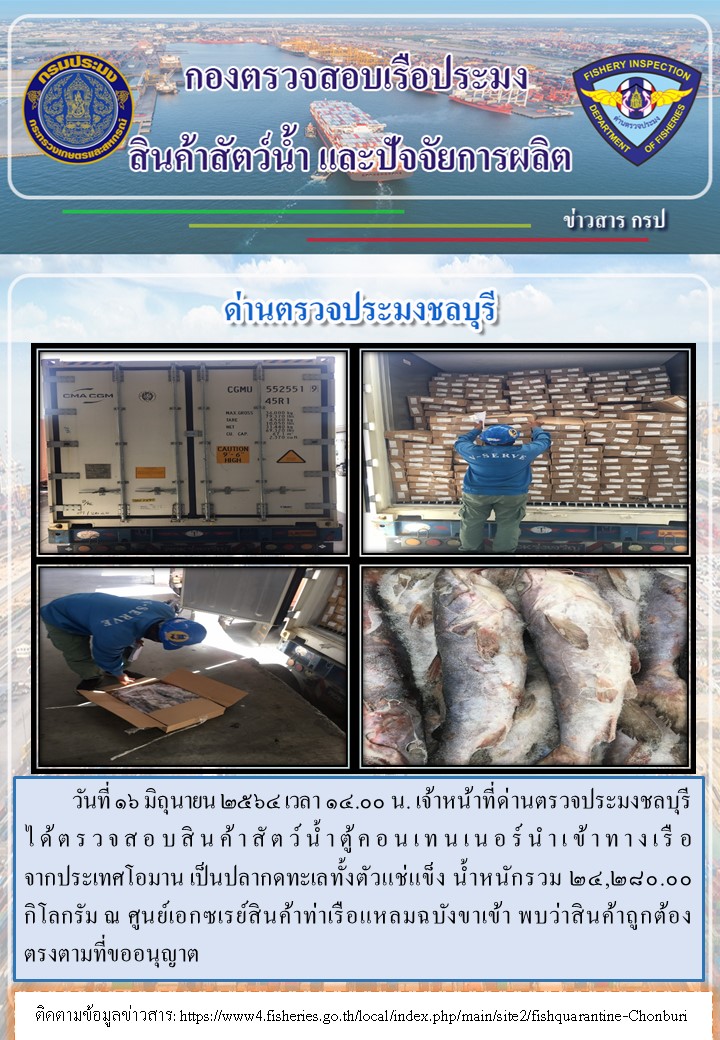 การปฏิบัติงานของเจ้าหน้าที่ด่านตรวจประมงชลบุรีประจำวันที่ 16 มิถุนายน 2564..คลิก