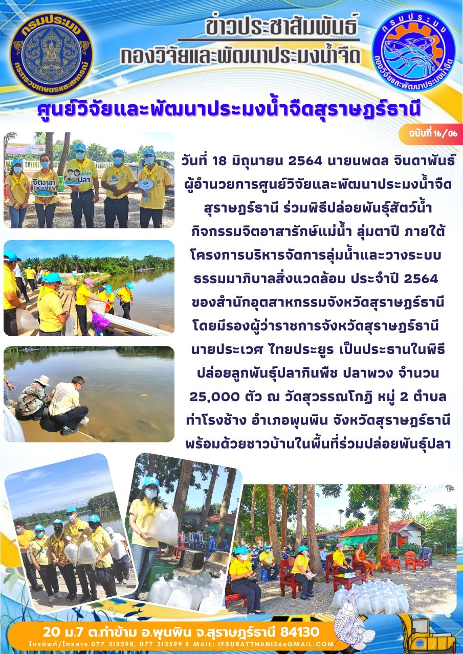 วันที่ 18 มิถุนายน 2564 นายนพดล จินดาพันธ์ ผู้อำนวยการศูนย์วิจัยและพัฒนาประมงน้ำจืดสุราษฎร์ธานี ร่วมพิธีปล่อยพันธุ์สัตว์น้ำ กิจกรรมจิตอาสารักษ์แม่น้ำ ลุ่มน้ำตาปี