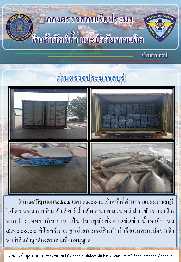 การปฏิบัติงานของเจ้าหน้าที่ด่านตรวจประมงชลบุรีประจำวันที่ 19 มิถุนายน 2564..คลิก