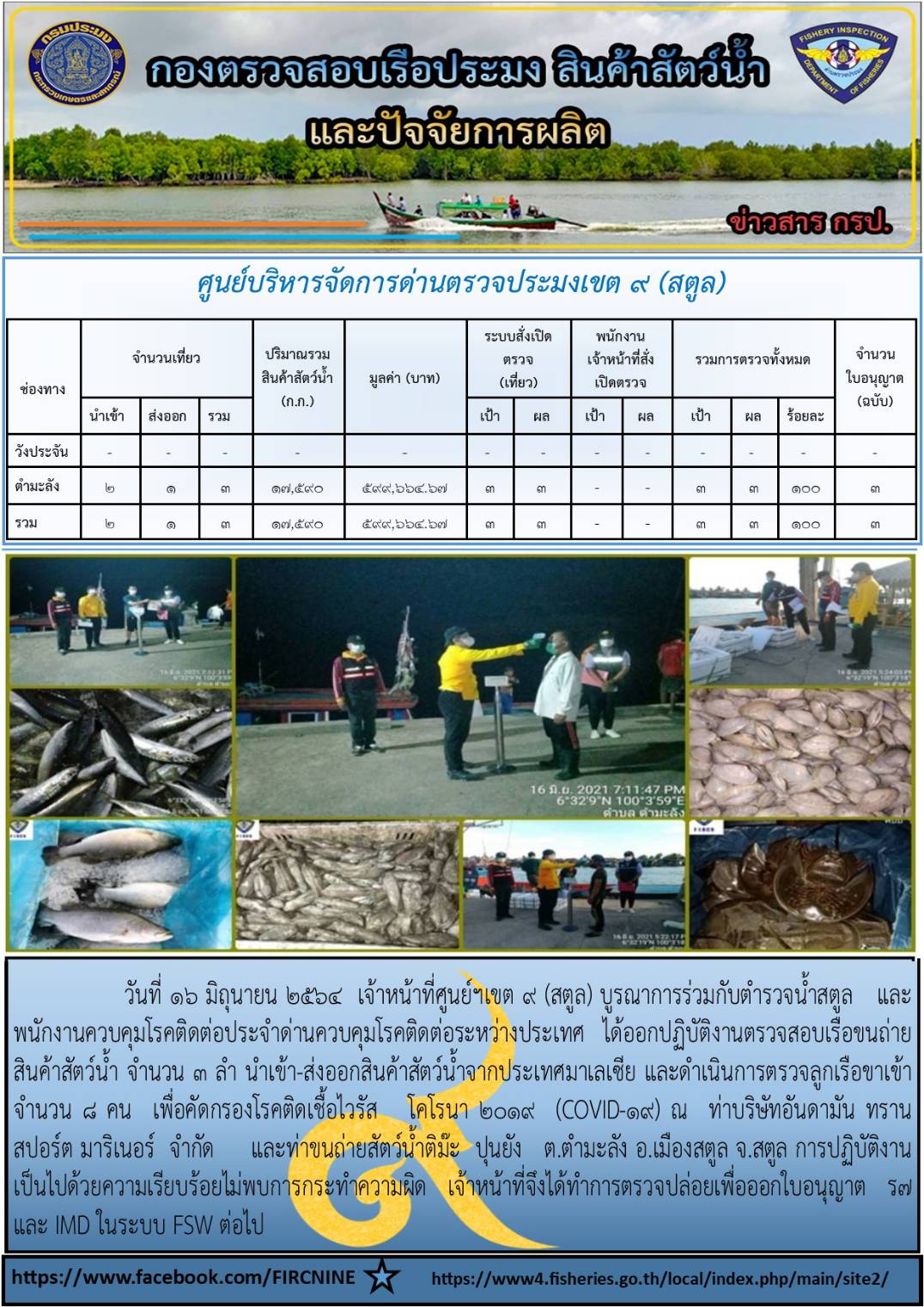 ประชาสัมพันธ์การปฏิบัติงานศูนย์บริหารจัดการด่านตรวจประมงเขต 9(สตูล) ประจำวันที่ 16-20 มิถุนายน 2564..คลิก