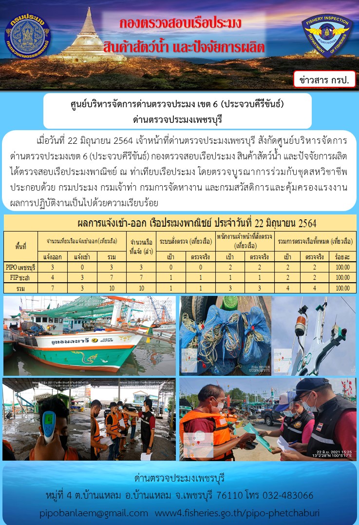  ข่าวประชาสัมพันธ์ ด่านตรวจประมงเพชรบุรี สถิติเรือที่แจ้งเข้า - ออก ประจำวันที่ 22 มิ.ย. 2564..คลิก