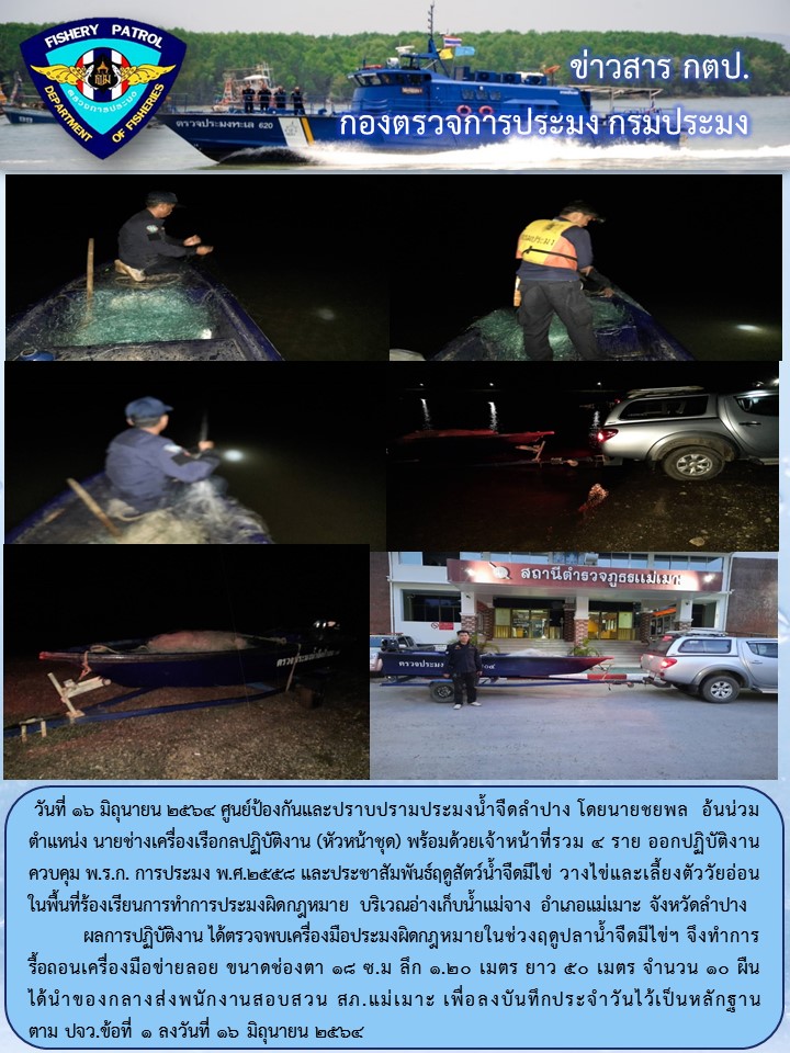 ออกปฏิบัติงานตรวจฯ ควบคุมการทำการประมงในแหล่งน้ำสาธารณะ พื้นที่จังหวัดลำปาง..คลิก